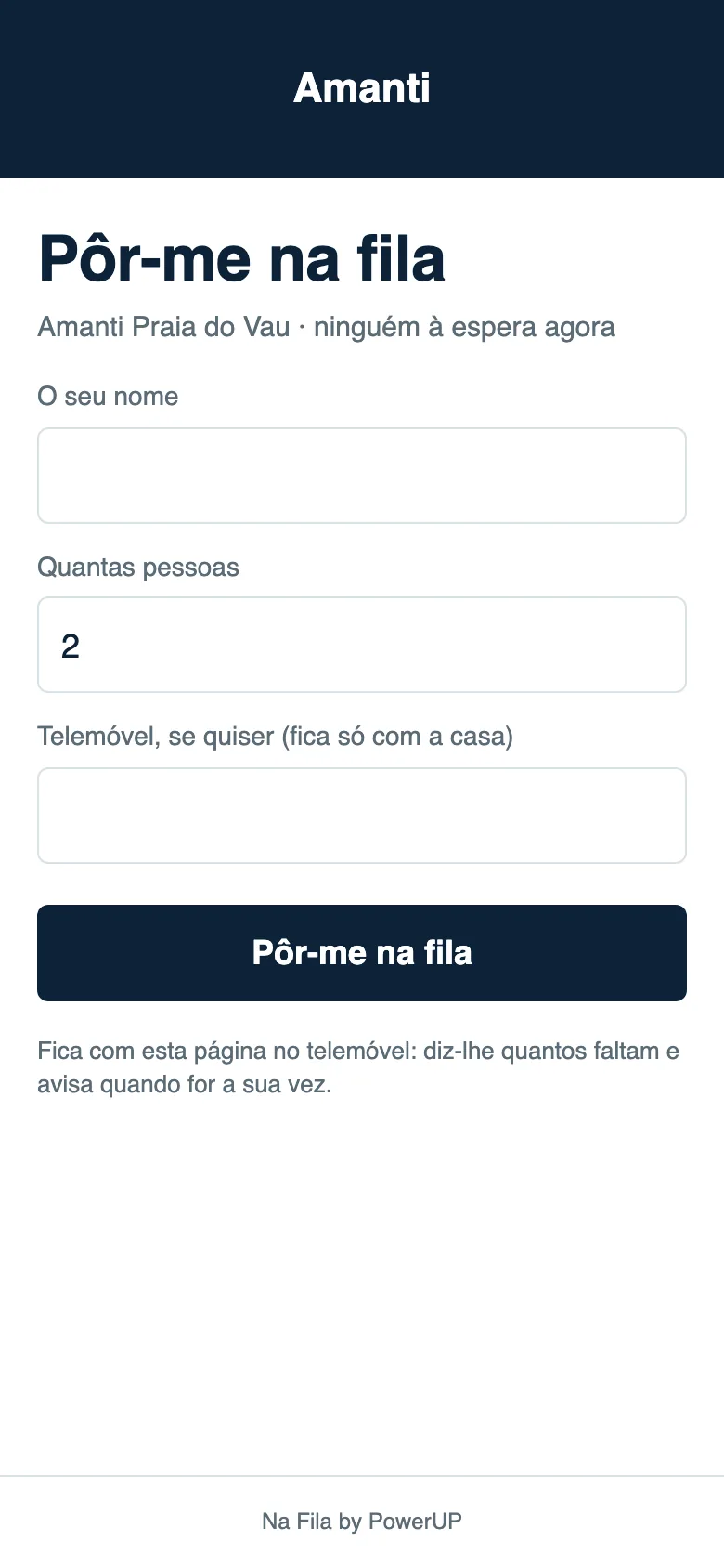 A página de entrada na fila: «Pôr-me na fila», o nome, quantas pessoas, o telemóvel.