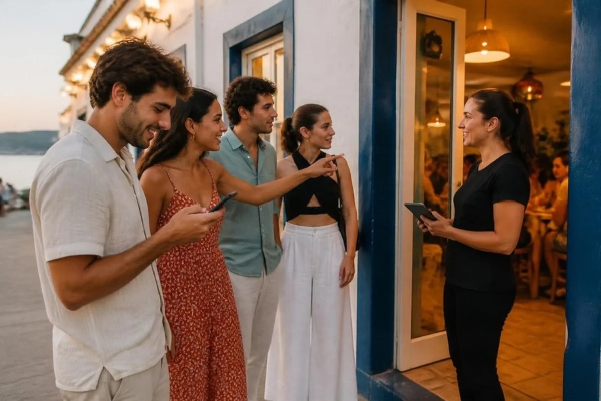 Um grupo de amigos à porta de um restaurante cheio, junto ao mar; um deles olha para o telemóvel enquanto a pessoa da porta, com um tablet na mão, os chama.